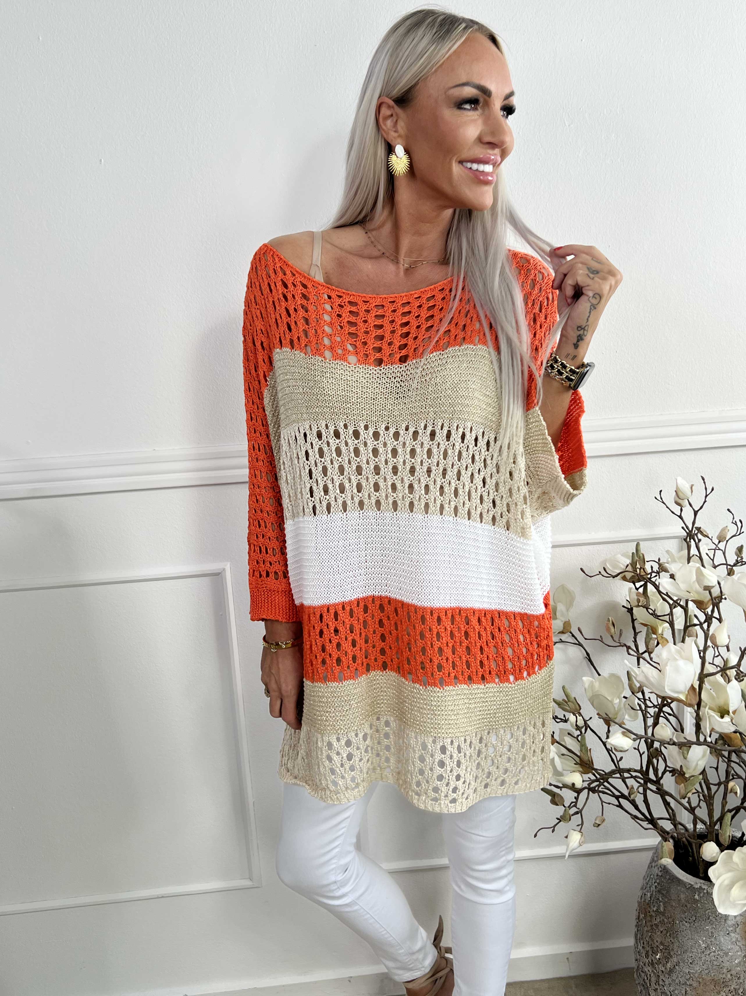 Evelina - Randig stickning med hålmönster och glittertrådar